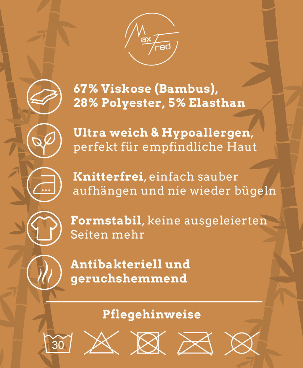 Grafik mit Materialzusammensetzung und Pflegehinweisen: 67 % Viskose (Bambus), 28 % Polyester und 5 % Elasthan.