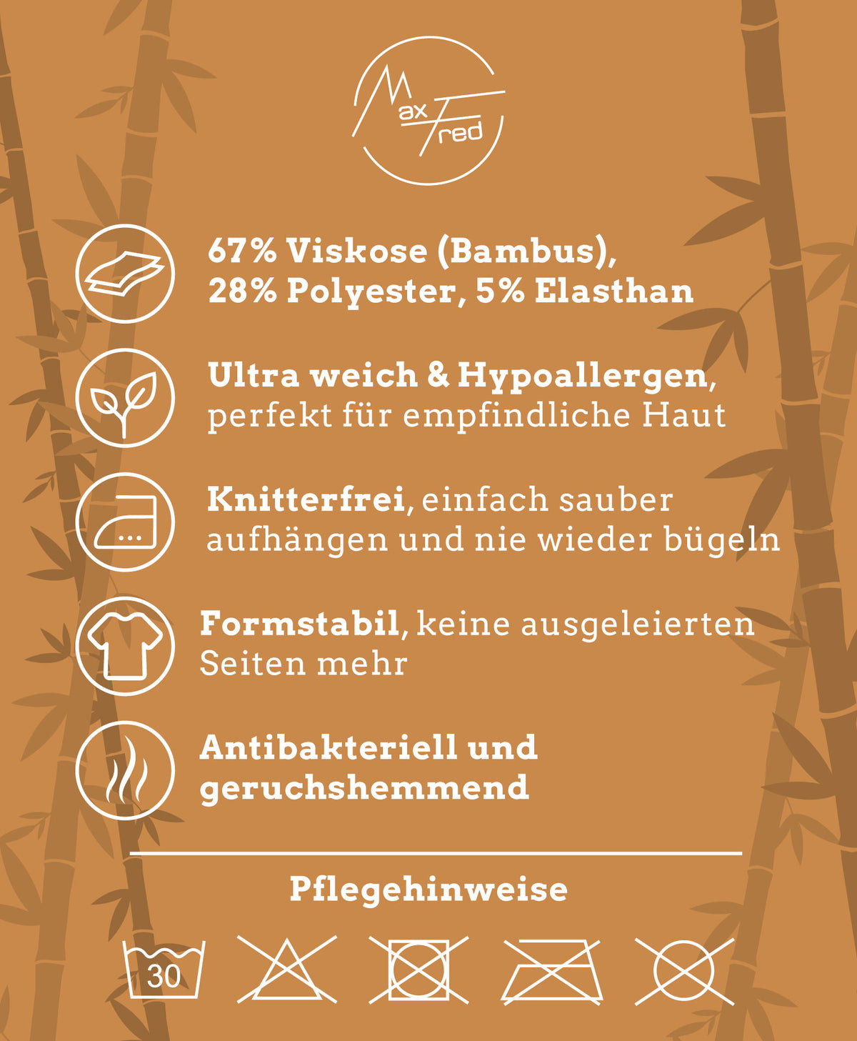 Grafik mit Materialzusammensetzung und Pflegehinweisen: 67 % Viskose (Bambus), 28 % Polyester und 5 % Elasthan.